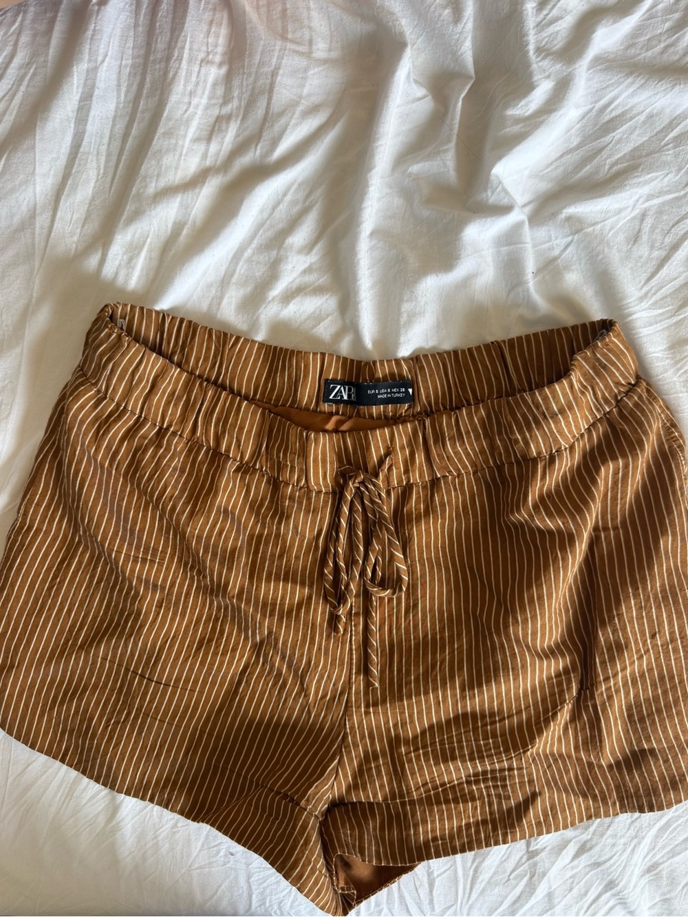 Zara Brown Pinstripe Drawstring Women's Mini Shorts